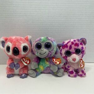 TY BEANIE BOO’S glamour leopard, Zuri monkey and kacey koala bear plush toys